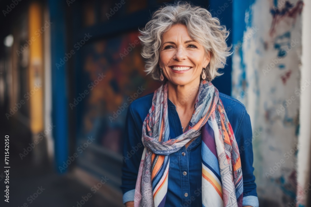 Portrait of smiling senior woman with long grey hair wearing scarf in the city Portrait of smiling senior woman with long grey hair wearing scarf in the city