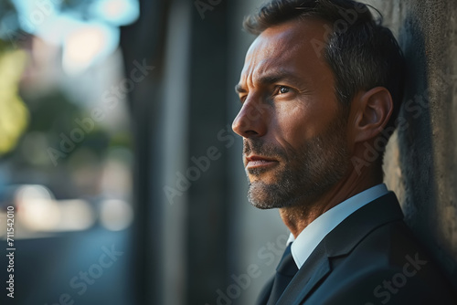 Hope, business aspirations concept. Side view portrait of a confident middle-aged businessman man in an expensive suit standing against a wall outdoors and looking away