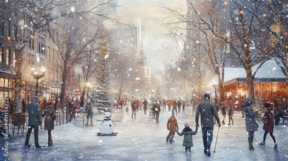 Obraz premium A group of people walking down a snow covered street. Suitable for winter scenes and community activities