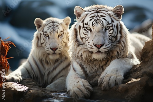 Two majestic big cats, a bengal and siberian tiger, rest peacefully on the ground with their beautiful fur and powerful whiskers on display in the wild outdoors