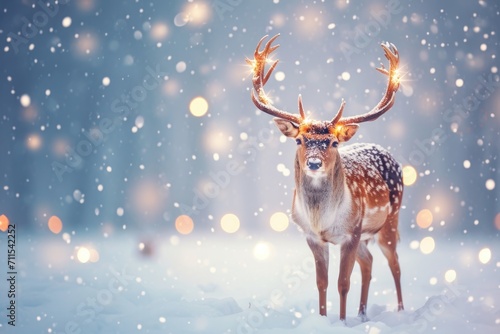 A deer with antlers standing in the snow. Suitable for winter-themed designs and nature-related projects