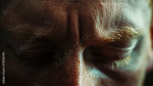 A close-up view of a man's face with his eyes closed. Can be used to depict relaxation, meditation, or peacefulness