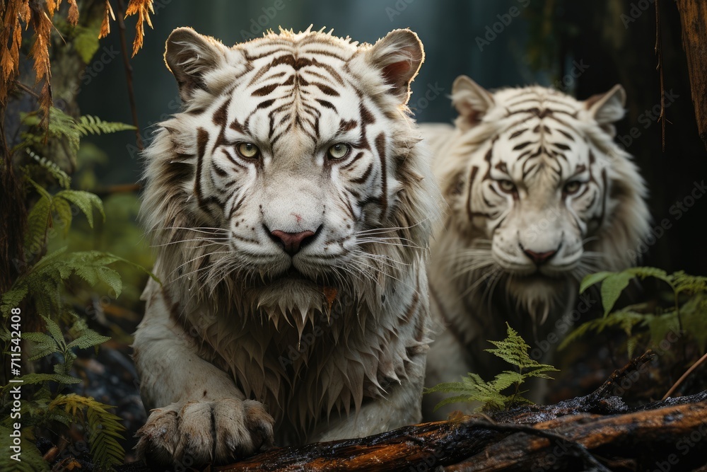 Two majestic white tigers roam the lush forest, their powerful bodies