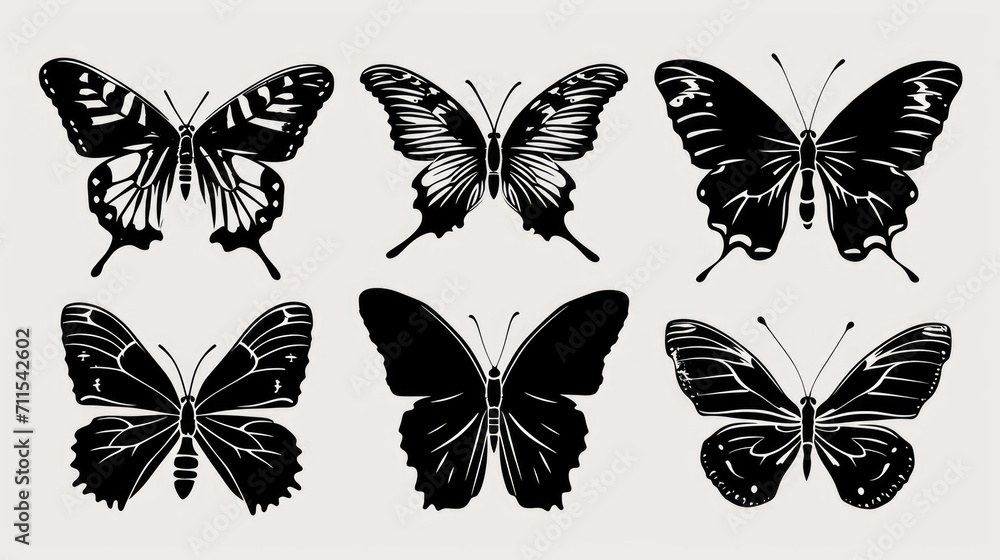 A collection of six black and white butterflies. Perfect for nature enthusiasts or for adding a touch of elegance to any project A collection of six black and white butterflies. Perfect for nature enthusiasts or for adding a touch of elegance to any project