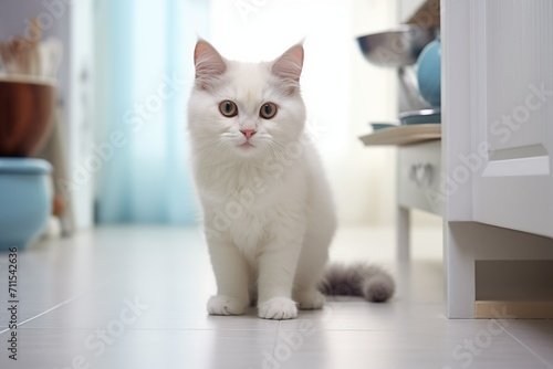 A white cat on the floor in a bright kitchen