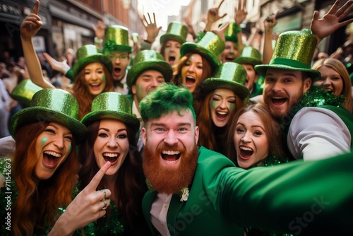 A group of happy people in green suits celebrate St. Patrick's Day at the city festival