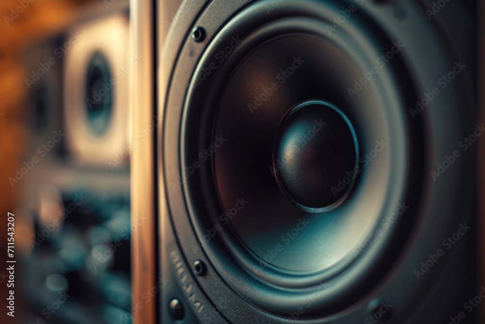 Close-up view of a speaker placed on a wooden surface. Suitable for various audio-related concepts and presentations Close-up view of a speaker placed on a wooden surface. Suitable for various audio-related concepts and presentations