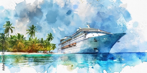 A beautiful watercolor painting of a cruise ship sailing in the vast ocean. Perfect for travel brochures and vacation-themed designs