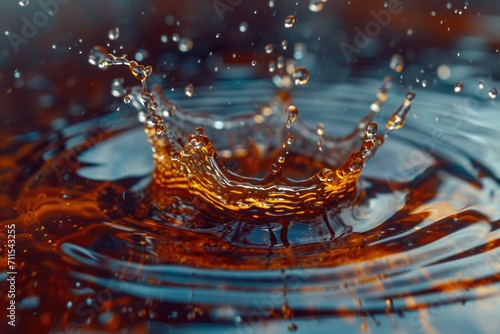 A close-up view of a splash of water on a surface. This image can be used to depict water droplets, freshness, or the concept of liquid motion.