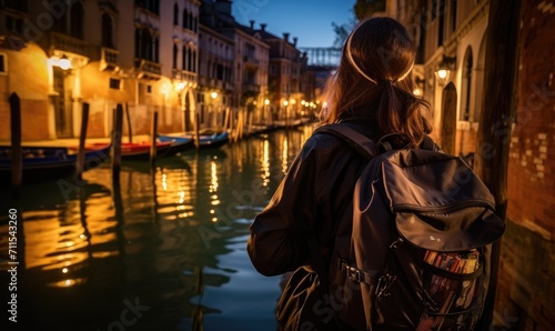 Mystical Venice: Happy Tourist Woman Delights in the Charms of Venice at Night - Gondolas, Golden Light, and Romance Infuse the Evening with Mystery and Elegance.

