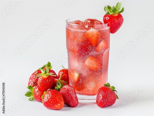 Design mockup. A sweet strawberryade  fresh strawberries adorning  in a clear glass. white background. Generative AI