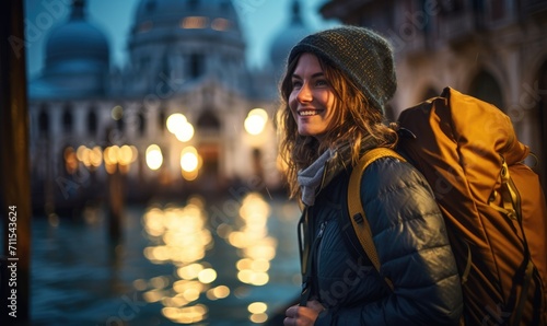 Mystical Venice: Happy Tourist Woman Delights in the Charms of Venice at Night - Gondolas, Golden Light, and Romance Infuse the Evening with Mystery and Elegance.

