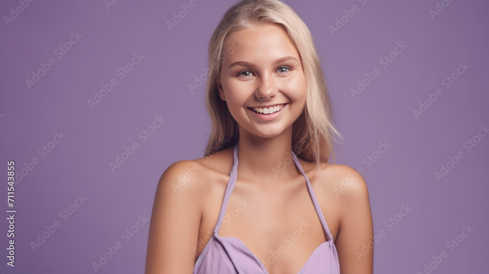 Happy young girl, smiling and laughing, wearing a solid lavender bikini, Solid lavender background similar to the dress color Happy young girl, smiling and laughing, wearing a solid lavender bikini, Solid lavender background similar to the dress color