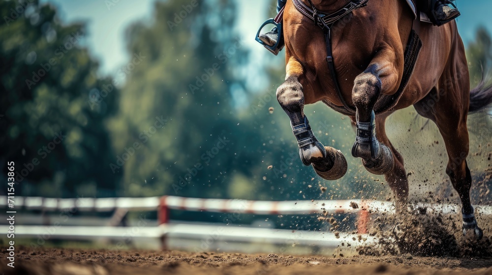 A person riding a horse on a dirt track. Suitable for outdoor enthusiasts and equestrian-related designs - obrazy, fototapety, plakaty 