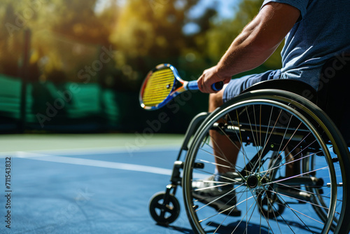disabled tennis player holding a racket while sitting on wheelchair at outdoors court