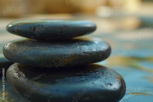A stack of black rocks sitting on top of a table. Suitable for various uses