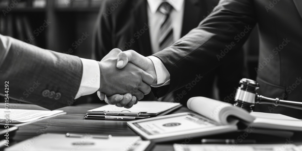 Two men in a business setting shaking hands over a desk. Suitable for corporate and professional concepts Two men in a business setting shaking hands over a desk. Suitable for corporate and professional concepts