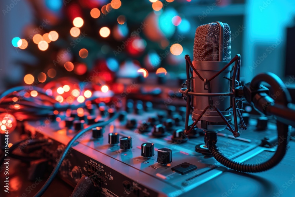 A microphone sitting on top of a table next to a keyboard. Suitable for music production, podcasting, and recording purposes A microphone sitting on top of a table next to a keyboard. Suitable for music production, podcasting, and recording purposes