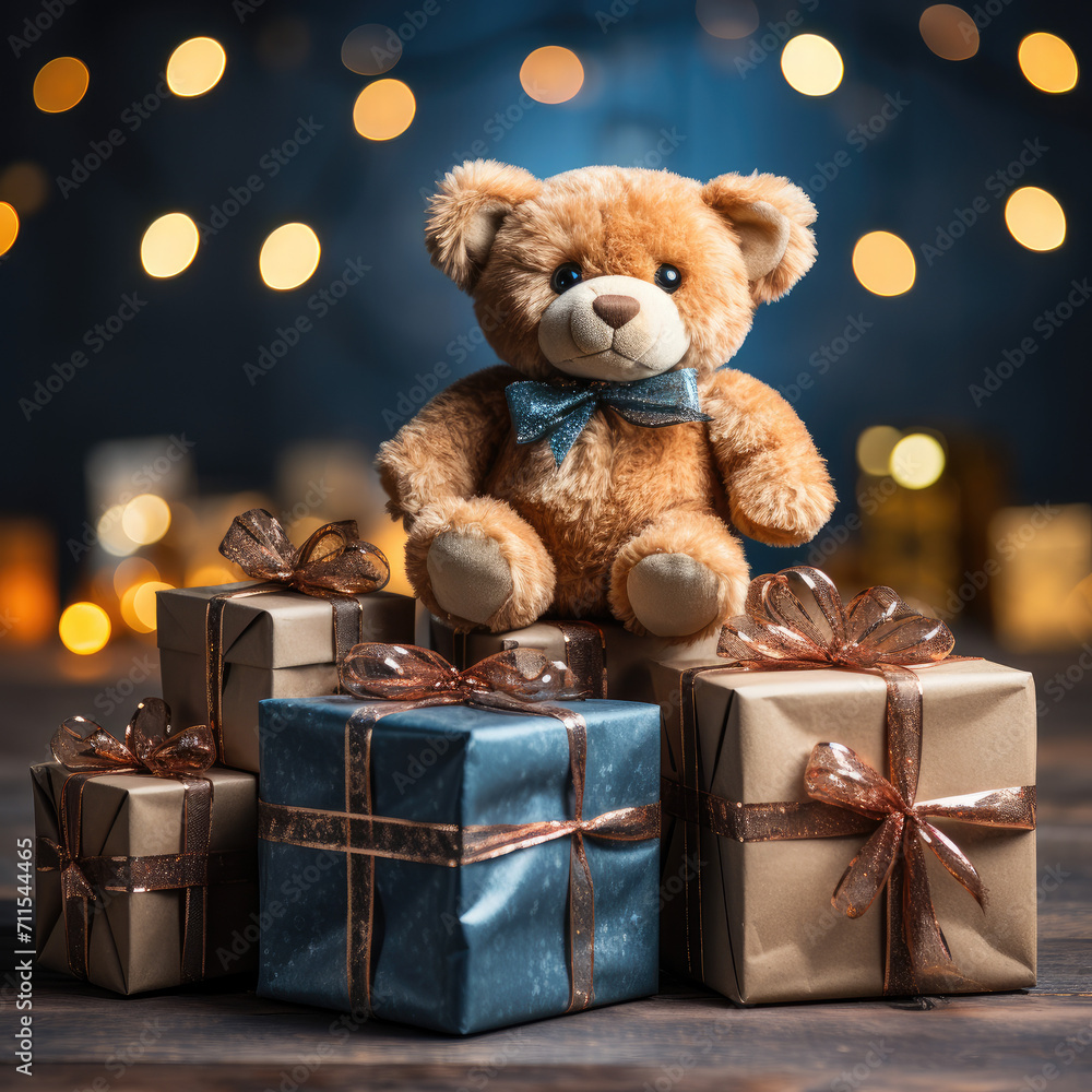 Merry Christmas Banner: Cozy Teddy Bear and Gifts in Bokeh Merry Christmas Banner: Cozy Teddy Bear and Gifts in Bokeh