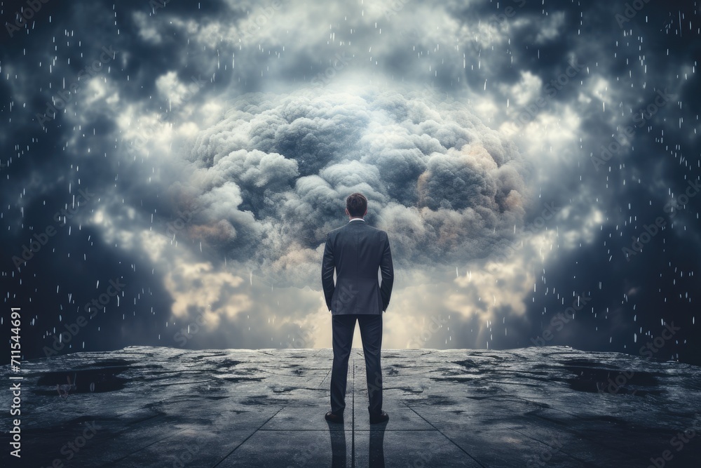 business man stand under big rainy cloud