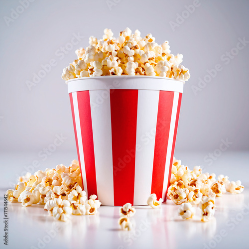 Popcorn in a striped box on a white background with copy space