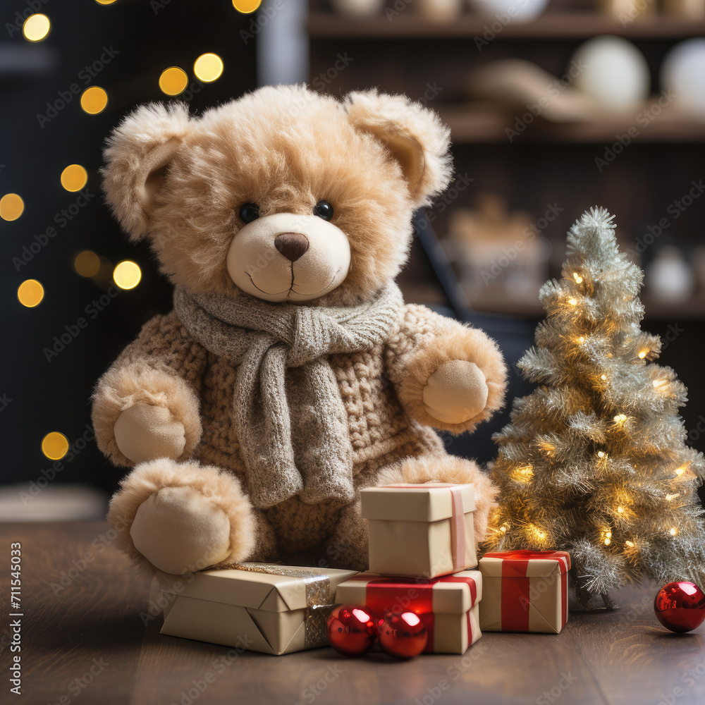 Elegant Christmas Banner: Teddy Bear and Soft Lights Elegant Christmas Banner: Teddy Bear and Soft Lights