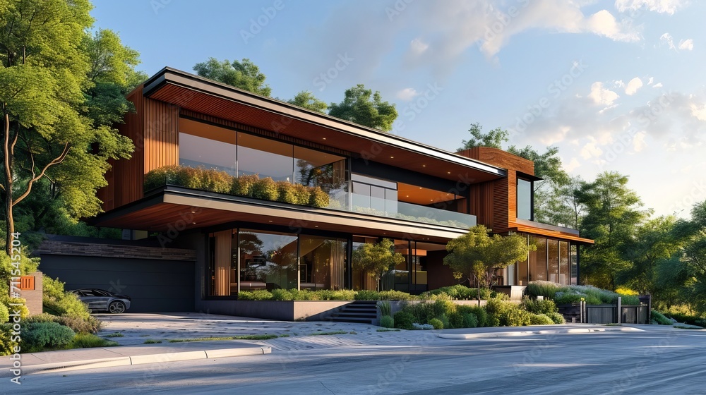 elegant little house in forest in tall pine trees, cozy wood terrace, in the style of wood walls and glass, minimalistic and clean, in the style of luxurious geometry elegant little house in forest in tall pine trees, cozy wood terrace, in the style of wood walls and glass, minimalistic and clean, in the style of luxurious geometry
