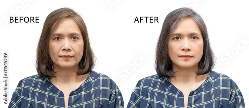 Canvastavla Asian woman middle aged portrait person before and after retouch wrinkles face skin processing isolated on white background, repair and treatment
