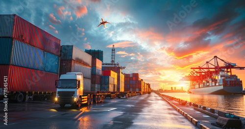 Logistics transportation commerce network of planes cargo ships and trucks in international port photo