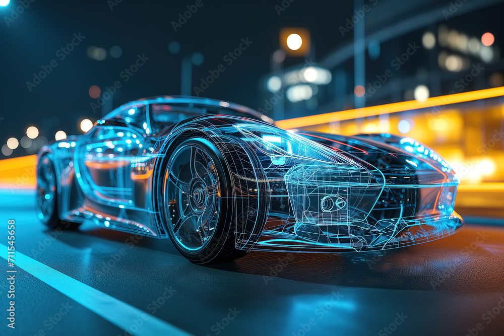 Concept car on the road, a futuristic vehicle with a hologram mesh on the body Concept car on the road, a futuristic vehicle with a hologram mesh on the body