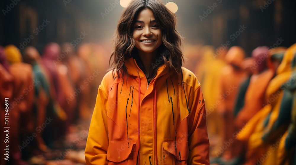 A girl in a yellow raincoat smiles in the crowd.