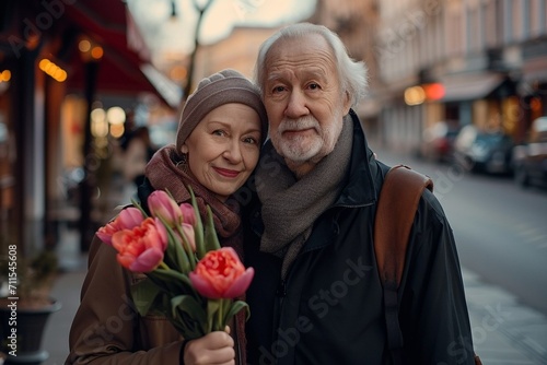 portrait of a lovely attractive fashionable elderly natural beauty European couple holding flowers in the city. Photography taken with organic simplicity © Iulia