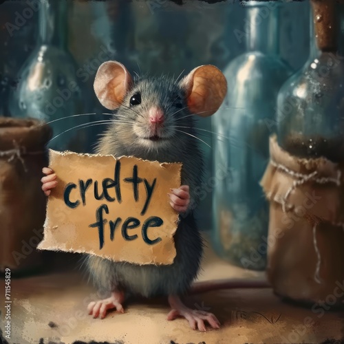 A mouse holds a blank banner, a banner with copy space on the background of a laboratory, Concept: animal research in science.