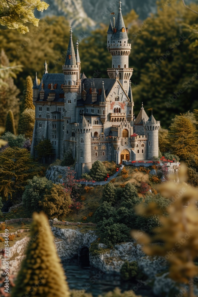 A model of a castle surrounded by trees in the middle of a forest. Suitable for fantasy-themed projects or historical illustrations A model of a castle surrounded by trees in the middle of a forest. Suitable for fantasy-themed projects or historical illustrations