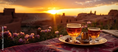 Ait Benhaddou Sunset Tea: A Table Set with Morocco Mint Tea, Delightfully Paired with the Beautiful Ait Benhaddou at Sunset - a Cultural and Scenic Feast for the Senses.	
 photo