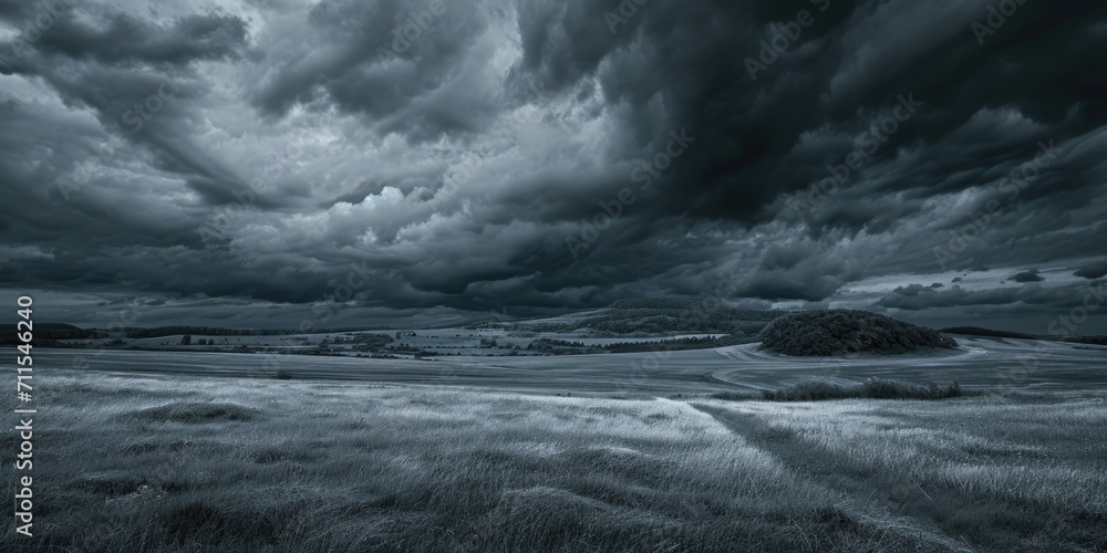 A black and white photo of a field under a cloudy sky. Can be used to depict a moody or dramatic landscape