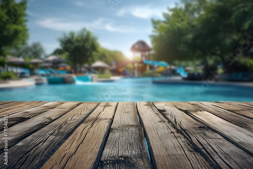 Foreground Wooden Table, Blurry water park background