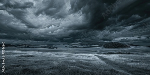 A black and white photo of a field under a cloudy sky. Can be used to depict a moody or dramatic landscape photo