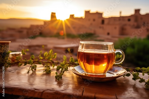 Ait Benhaddou Sunset Tea: A Table Set with Morocco Mint Tea, Delightfully Paired with the Beautiful Ait Benhaddou at Sunset - a Cultural and Scenic Feast for the Senses. 