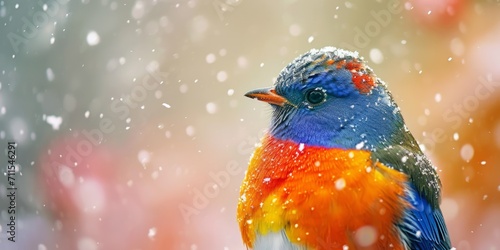 colorful bird on a branch in winter close-up Generative AI