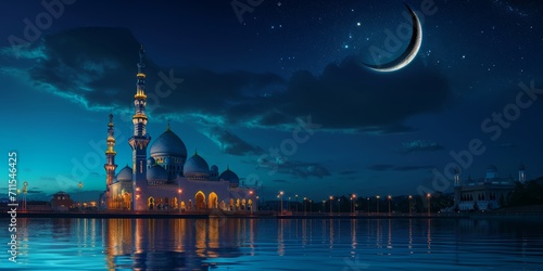 Starry sky and moon against the backdrop of Muslim minarets Generative AI