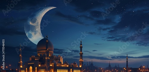 Starry sky and moon against the backdrop of Muslim minarets Generative AI photo