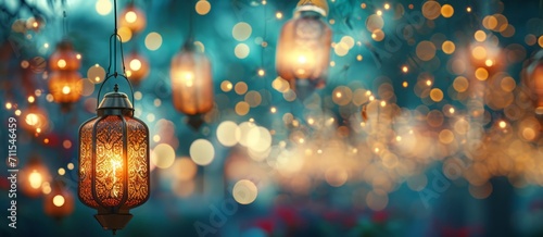 Muslim lantern on blurred background Generative AI photo