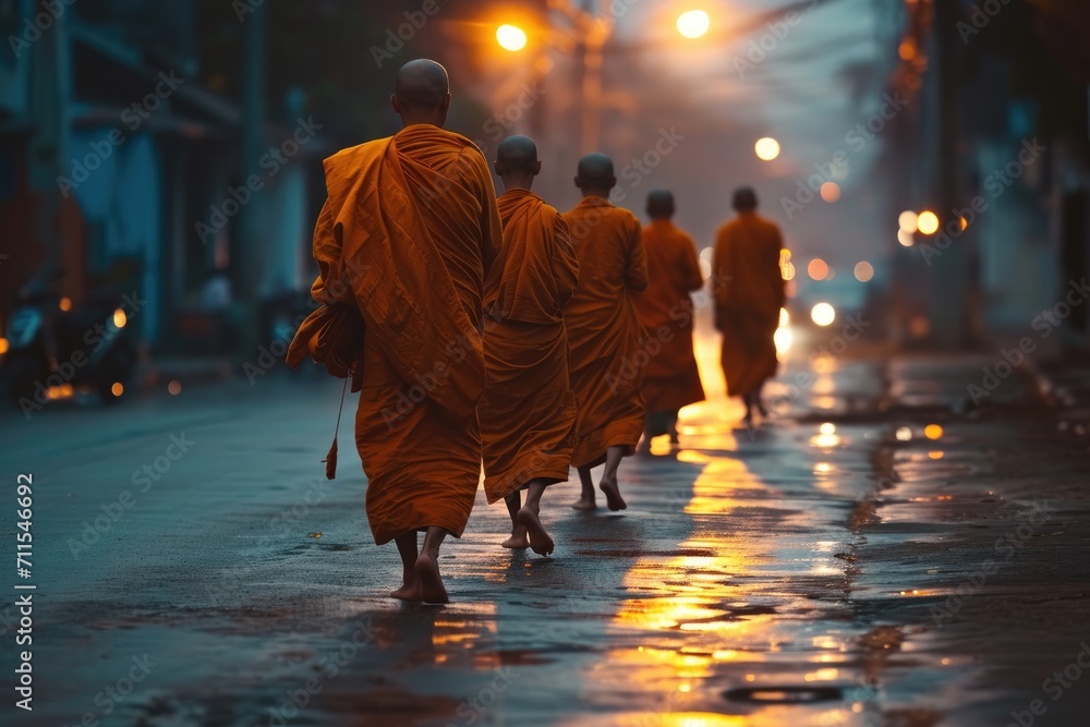 Spiritual Streets: Thai monks, barefoot and serene, traverse the streets of Bangkok at dawn, collecting alms from devout locals in a beautiful and respectful Buddhist tradition.	
