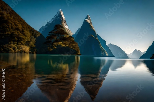 Famous Mitre Peak rising from the Milford Sound fiord. Fiordland national park