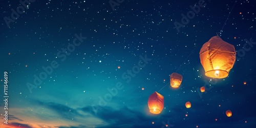 burning lanterns flying into the night sky Generative AI photo