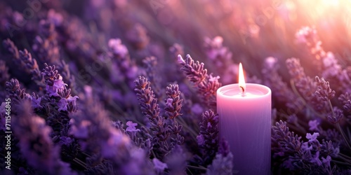 Burning candle in a lavender field Generative AI
