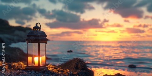 burning lantern on the ocean shore at sunset Generative AI