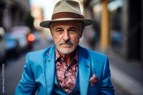 Handsome old man in a blue suit and hat on the street