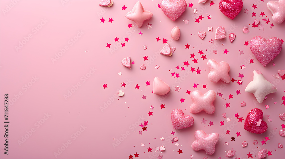 Pink Background with Hearts, Stars, and Copy Space. It's a Girl Backdrop with Empty Space for Text. Baby Shower or Birthday Invitation, Party. Women's Day. Baby Girl Birth Announcement